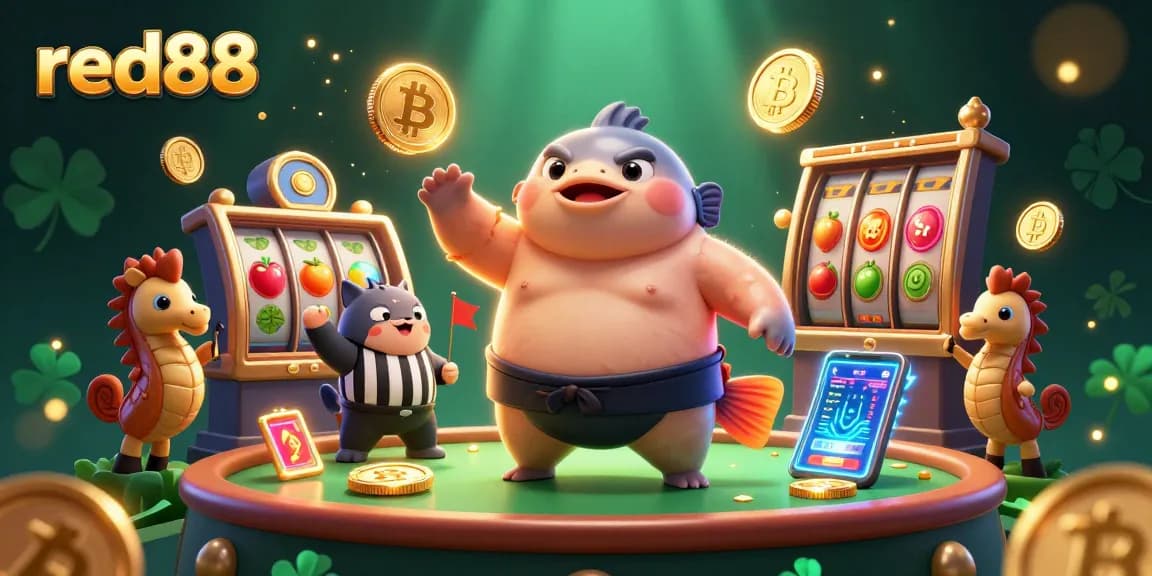Experience thrilling gaming at red88 with cartoon scenes of fugu in a casino surrounded by slot elements and seahorse fans.