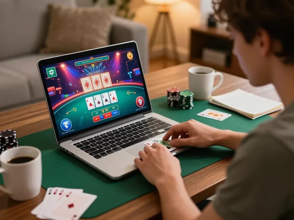 Engaging with LGOLUX LOGIN on a laptop while playing blackjack at home, showcasing dynamic gaming interface and cozy atmosphere.