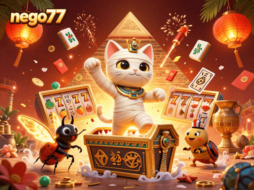 Engage with nego77 through a vibrant 3D casino scene filled with fun slot elements and characters.