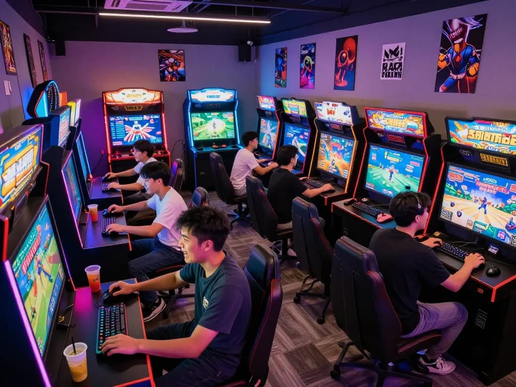 Exciting gaming atmosphere at www.mantra88.com with players immersed in vibrant arcade experience