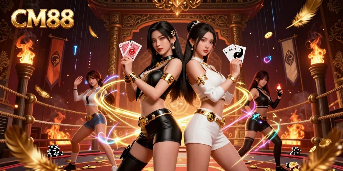 Experience exciting poker action with CM88's stunning twin Asian women, showcasing vibrant casino elements and light effects.