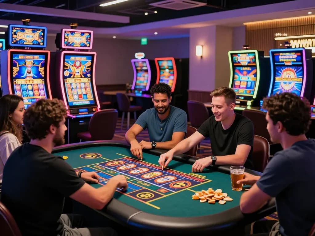 Friends enjoying online slots at vegasslot77.com in a vibrant casino-like setting.