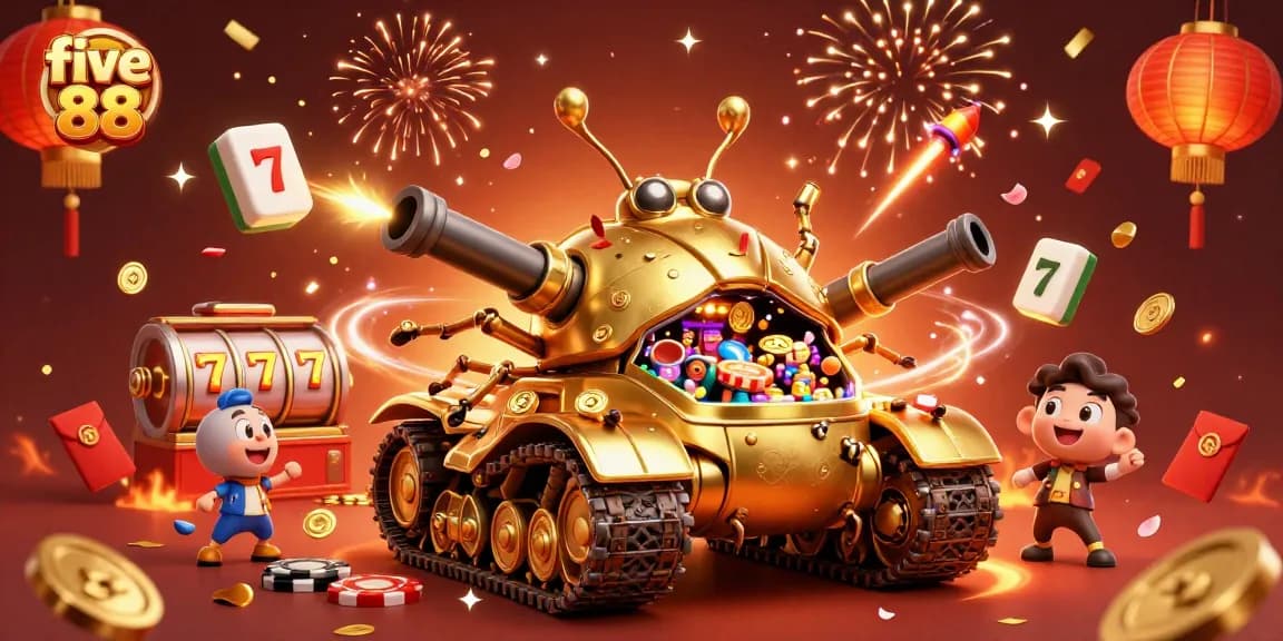 Engage with the five 88 casino experience, featuring a vibrant 3D scene filled with slots, confetti, and festive elements.