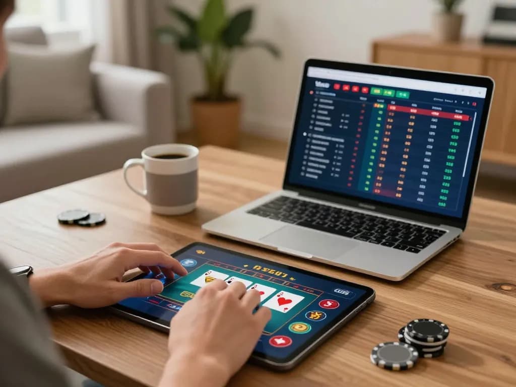 Engaging in poker gameplay, LGOLUX LOGIN screen displayed on tablet, cozy home setting for responsible gambling