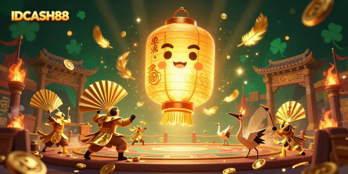 Experience the magic of IDCASH88 with a vibrant online casino scene featuring a golden spirit and lucky symbols.