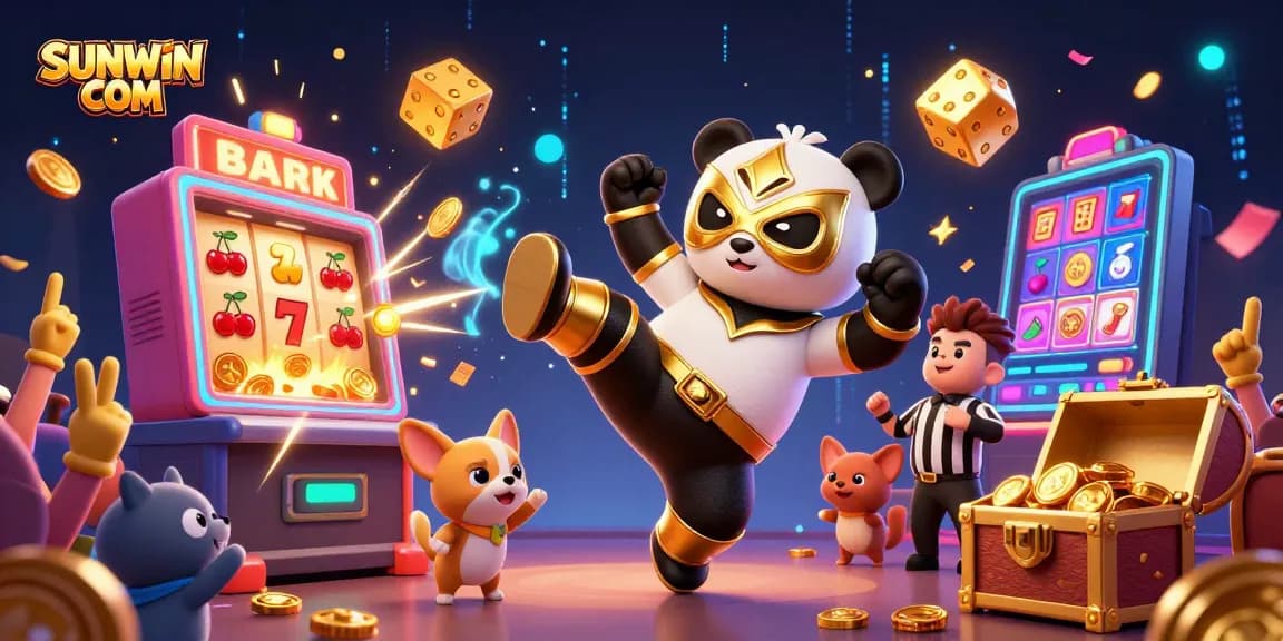 Experience SUNWIN COM as the cartoon panda wrestler kicks among slot machines and cheering animal fans.