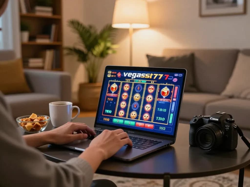 Engaging in online gaming at vegasslot77 with vibrant slot reels displayed on a laptop.