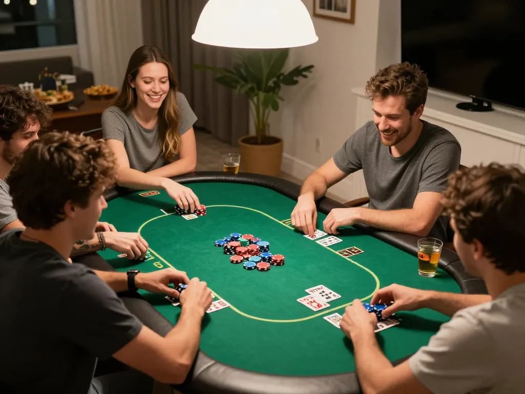 Friends enjoy poker night with rokok 88 strategies on vibrant green felt table in warm home setting.
