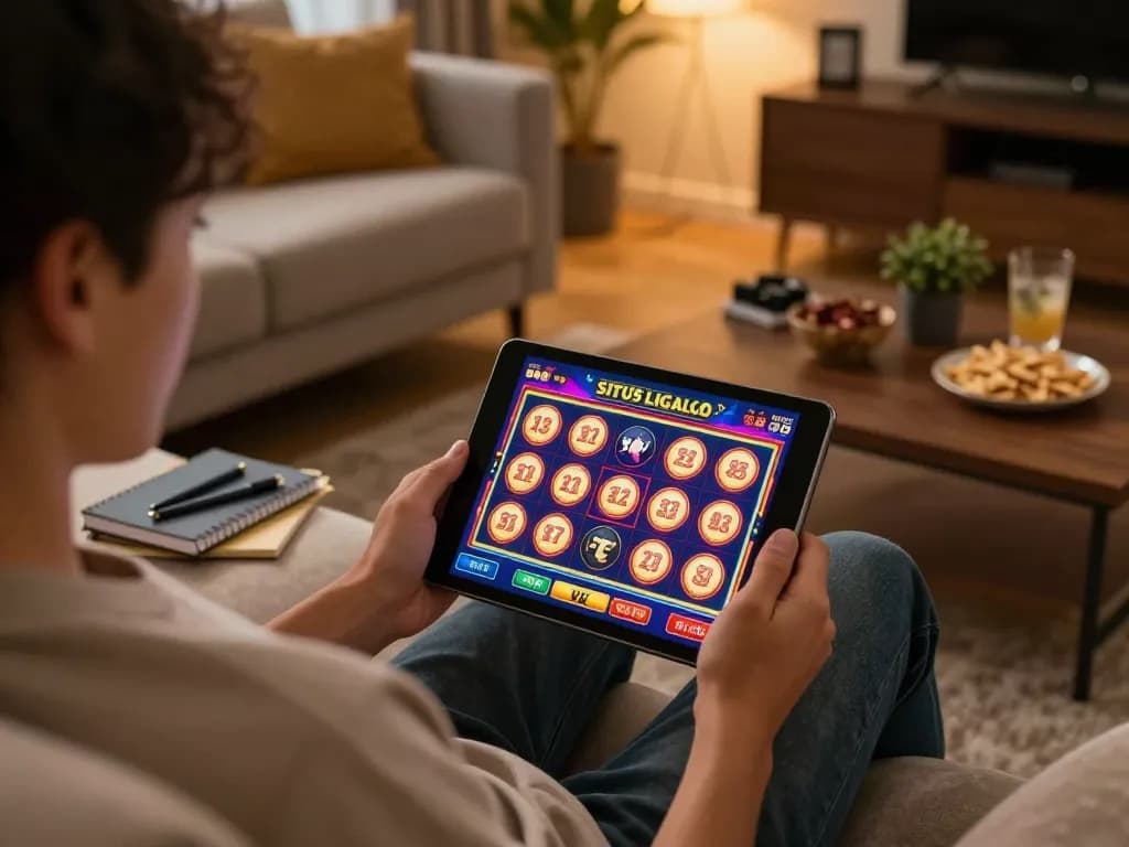 Engaging scene on SITUS LIGALGO as a player enjoys online slots on a tablet in a cozy home.