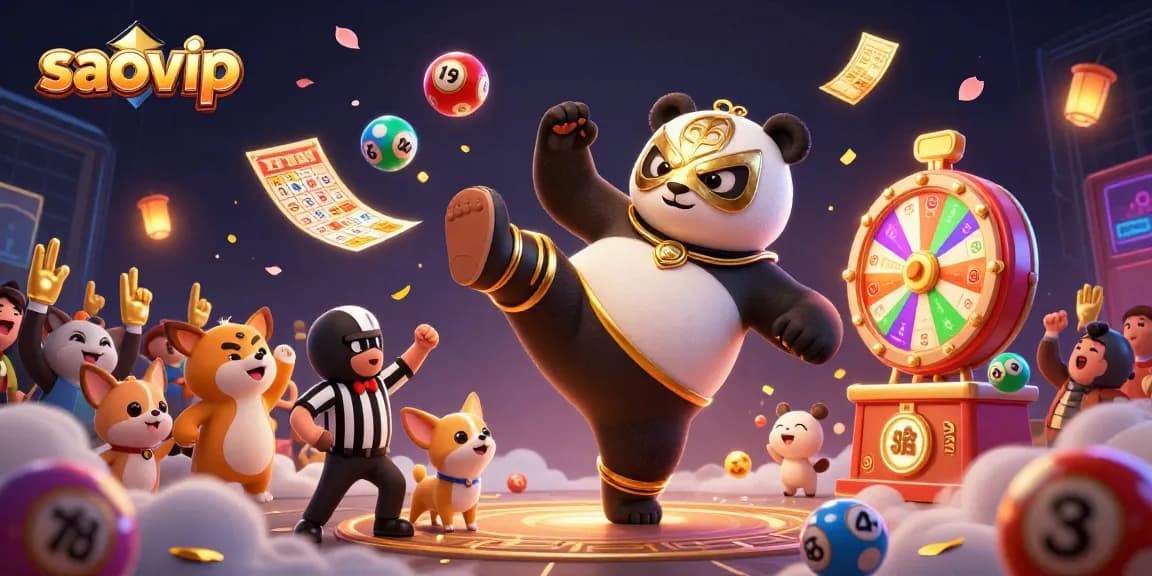 Experience the excitement of saovip as a panda wrestler performs amid a vibrant casino scene.