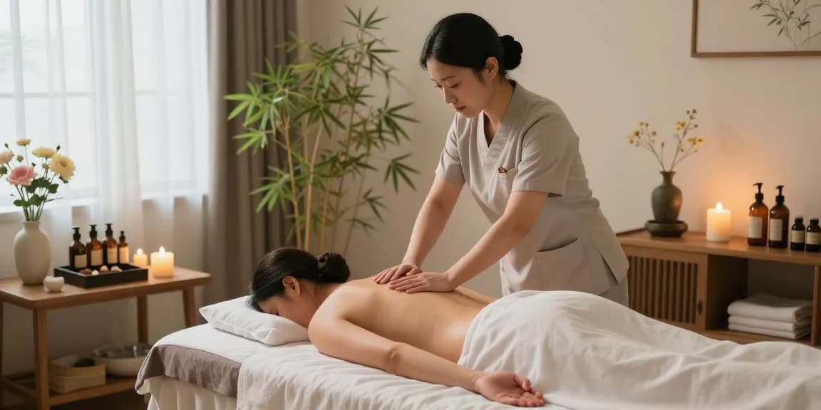 Dynamic 동작구출장마사지 scene with a therapist performing a traditional massage in a serene studio.