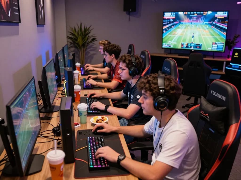 Exciting gaming session at ligasedayu.com esports lounge with diverse friends, LED lights, and competitive spirit.
