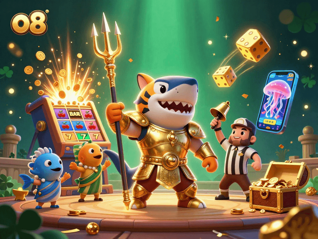 Engage in exciting casino fun at o8 with a vibrant underwater jackpot scene featuring a shark and slot machines.