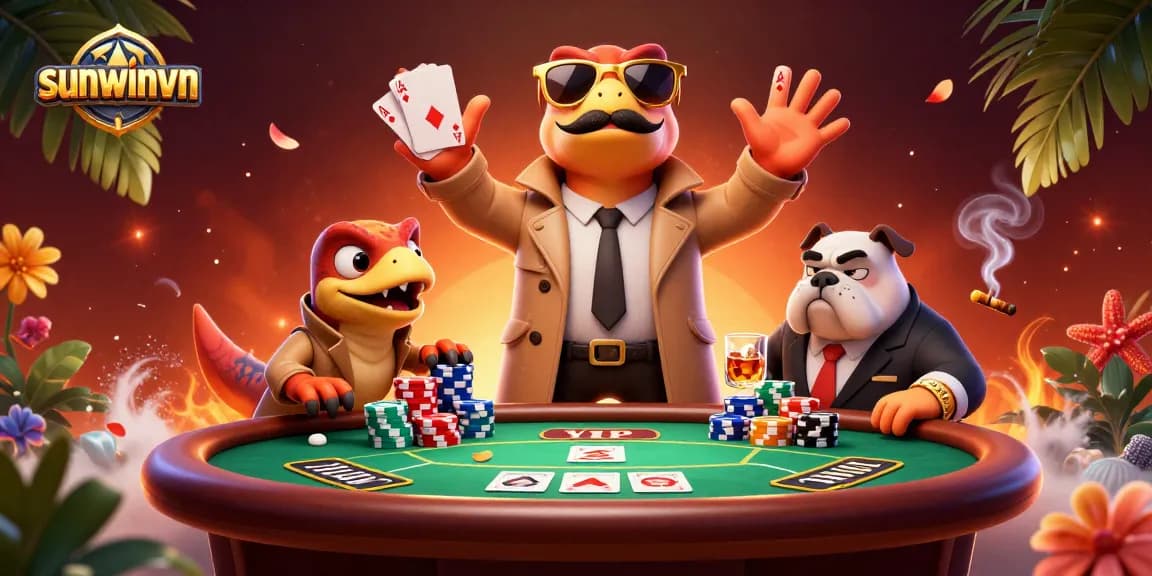 Experience thrilling poker interactions at sunwinvn with raptors in a trench coat entering a VIP lounge.