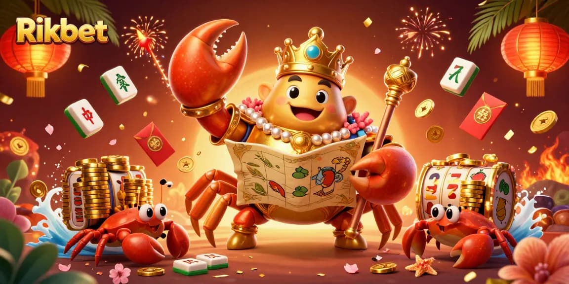 Engage with Rikbet's thrilling slot games featuring golden crab emperor and vibrant elements.