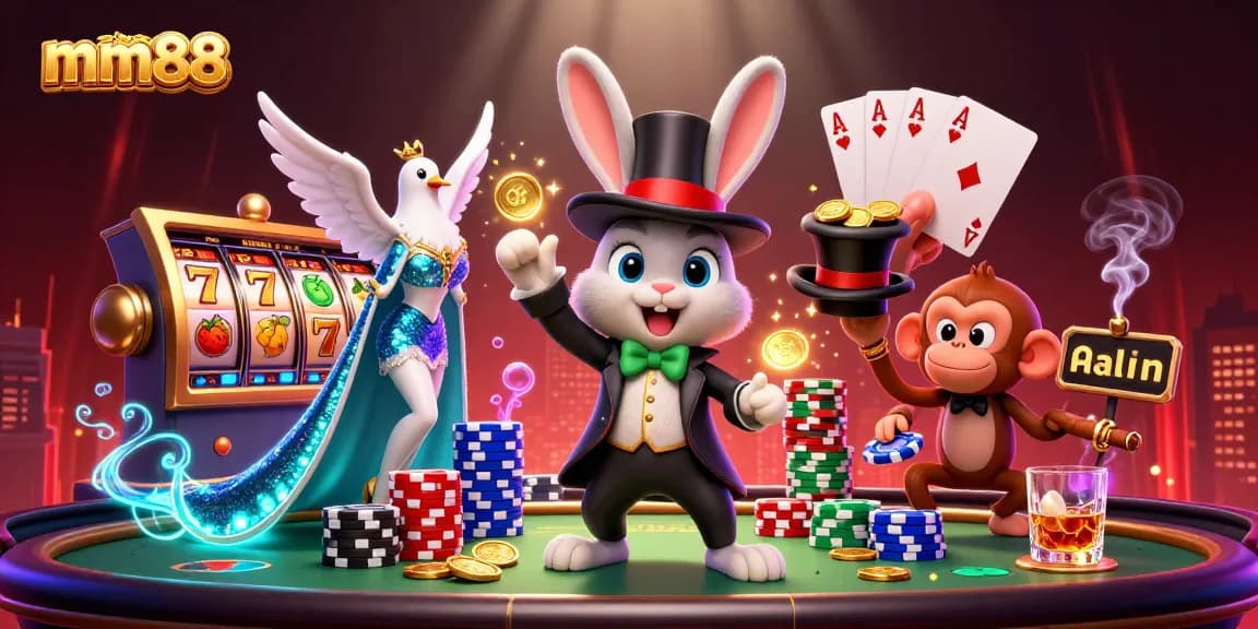 Engage in exciting gaming at mm88 with a magician rabbit, shimmering gold coins, and thrilling slot elements!