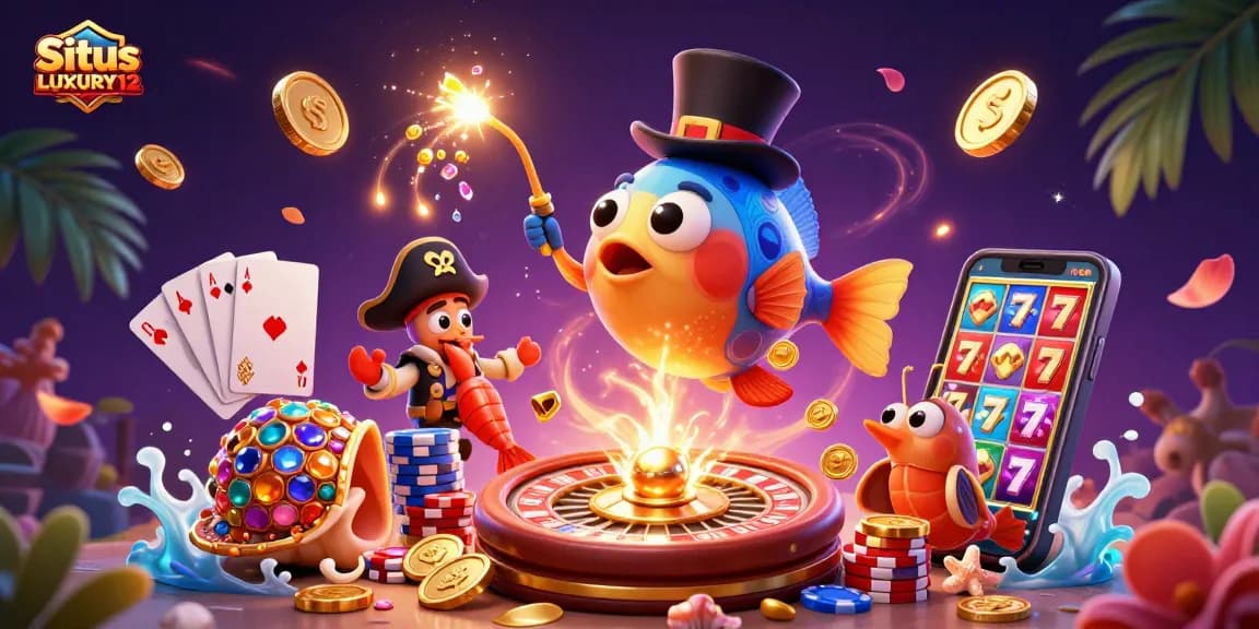 Situs LUXURY12 entices players with thrilling jackpots and exciting slot games in this vibrant underwater casino scene.