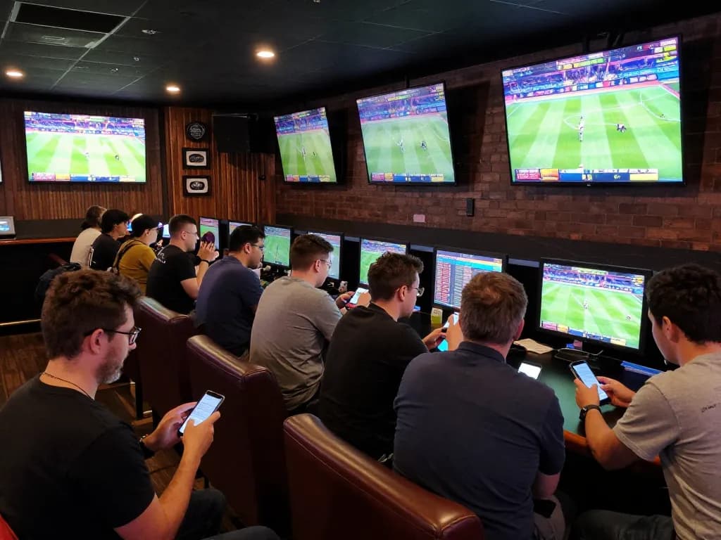 Clienti coinvolti che scommettono in un bar sportivo di bookmaker non AAMS, atmosfera dinamica con più schermi che mostrano eventi dal vivo.