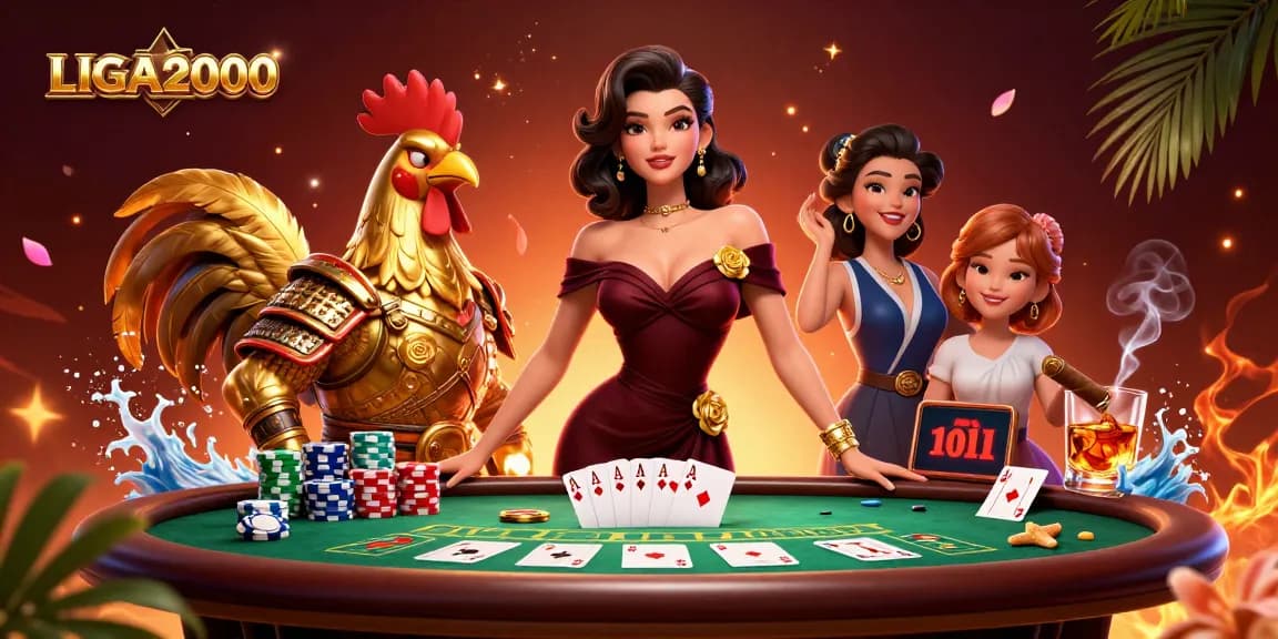 LIGA2000 menampilkan slot online yang mendebarkan bersama ansambel karakter glamor di dalam suasana kasino yang penuh warna.