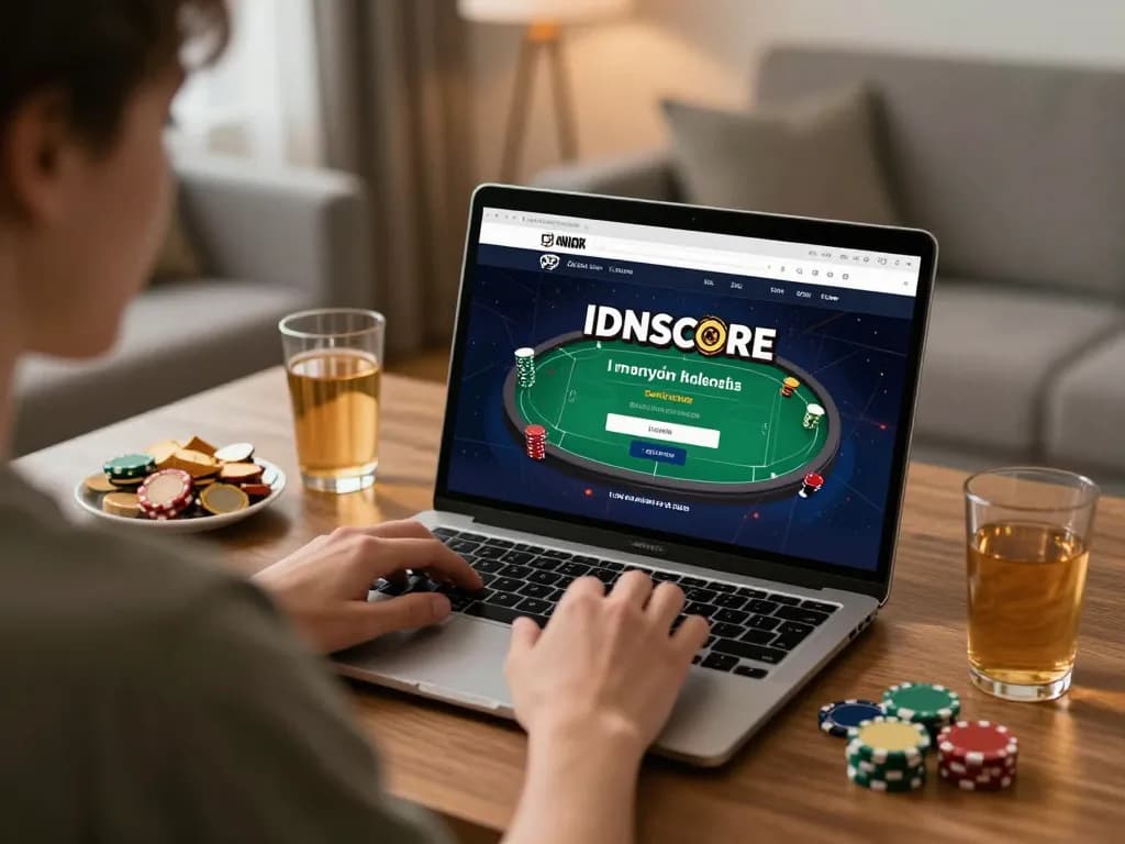 IDNSCORE LOGIN interface displayed on a laptop during an engaging online poker game setup at home.