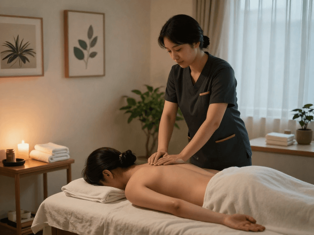 Experience a calming 부천출장마사지 with a professional therapist in a tranquil home setting, promoting relaxation and wellness.
