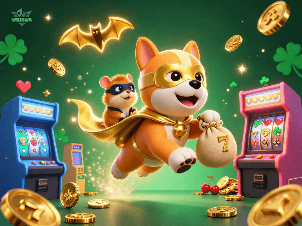 Join the fun with UGDEWA as the superhero dog collects gold coins in a vibrant casino scene!