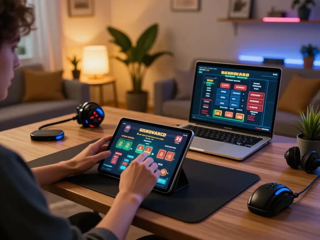 xx88 user enjoying online gaming on a tablet in a cozy home setup with strategic notes nearby.