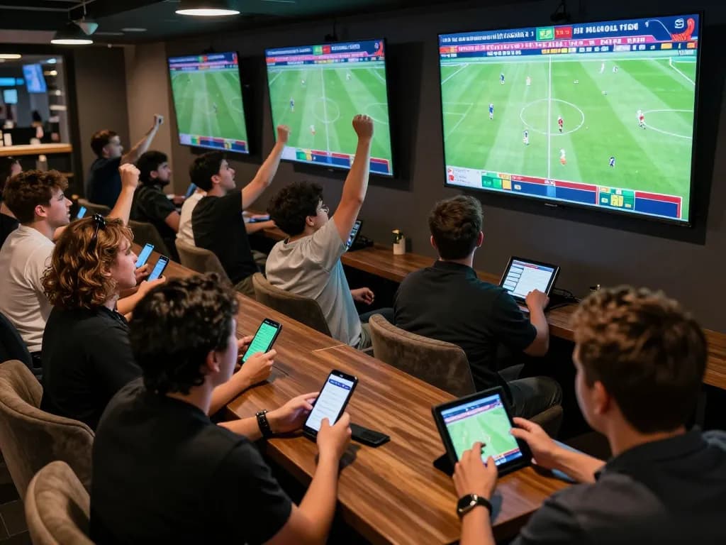 Bongdallu users engaging in thrilling live sports betting at a modern lounge, showcasing screens with football matches.