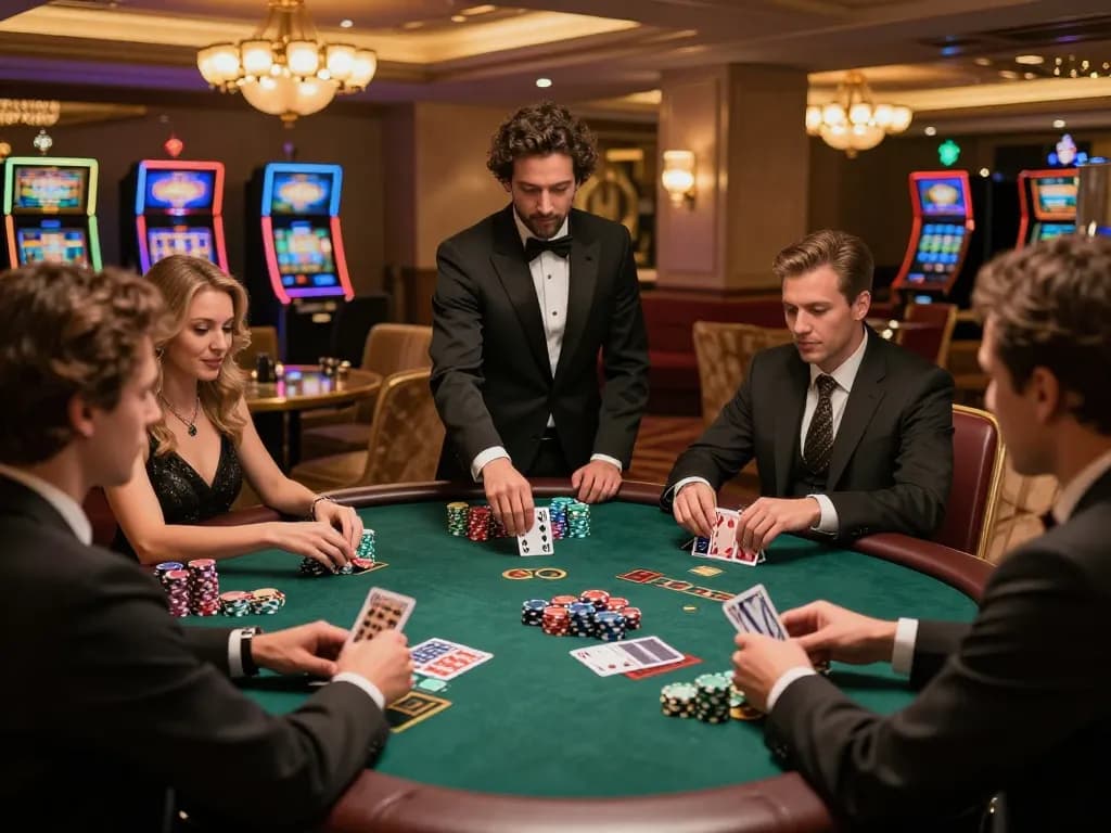Agen Slot gameplay scenario with players engaged in an exciting blackjack game in an upscale casino setting.