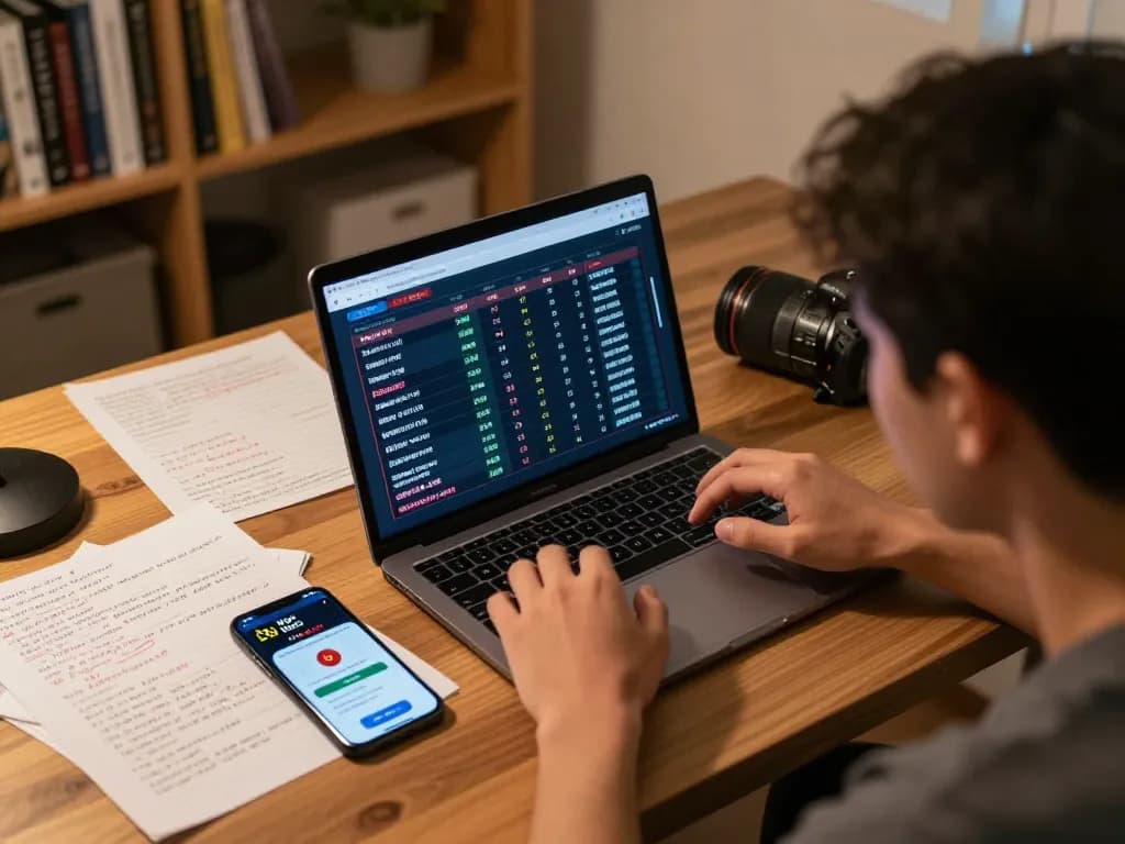 Engaged player using Keo Nha Cai 5 app for online betting analysis in a cozy home office