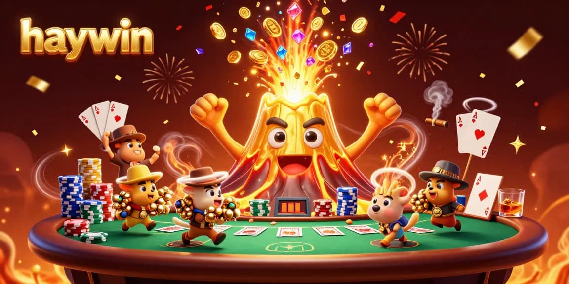 Experience the excitement of haywin as a triumphant volcano erupts coins and gems amid a vibrant casino scene.