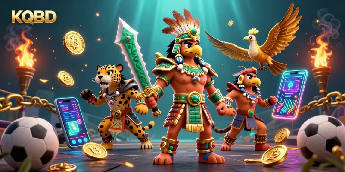 KQBD showcases dynamic sports betting action with vibrant characters and crypto elements in an exhilarating scene.