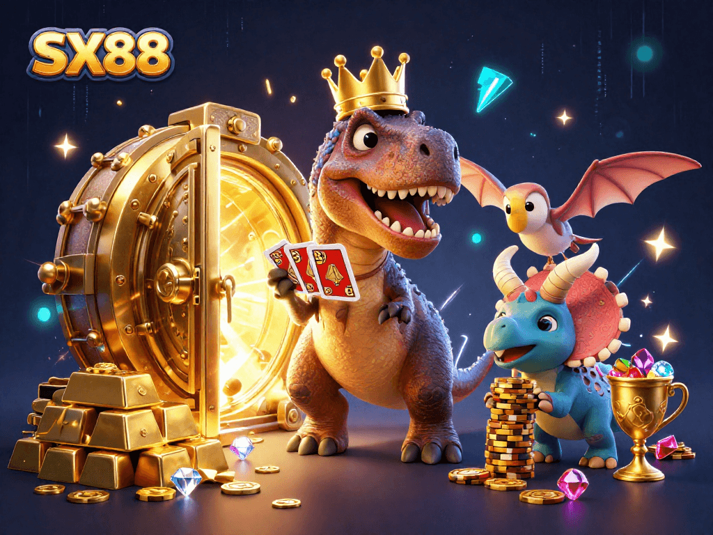 Engage with SX88's vibrant gaming scene featuring a T-Rex, pterodactyl, and triceratops in high-stakes action.