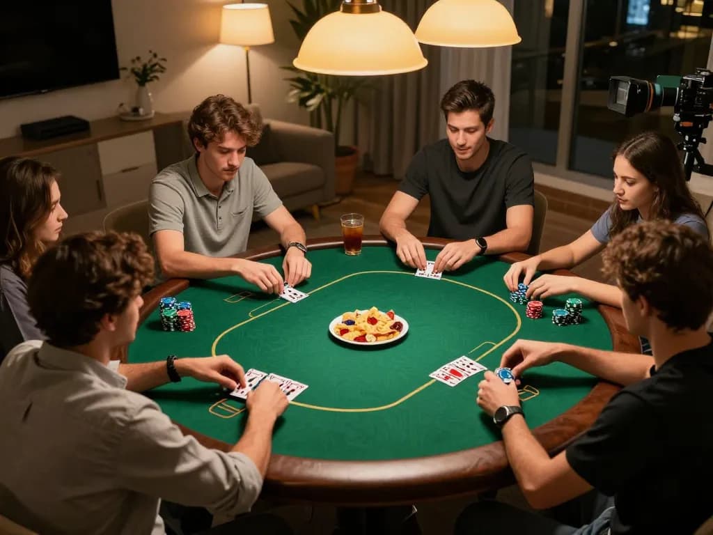 Hitclub players enjoy a friendly poker game in a cozy home setting with chips and cards.