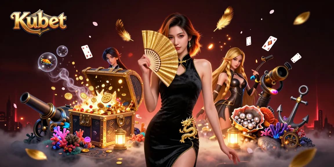 Kubet's captivating online casino scene featuring stunning Asian woman amidst sparkling treasures and games.