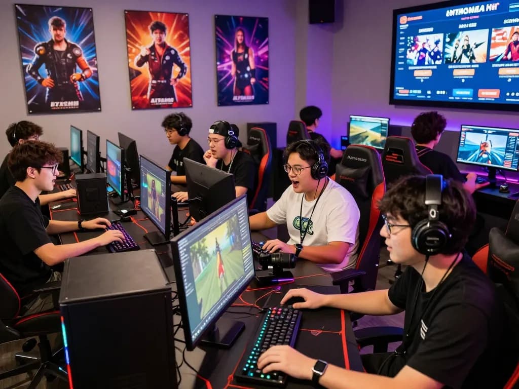 Enthusiastic players enjoying Autowin88 gaming sessions with modern equipment and vibrant atmosphere.
