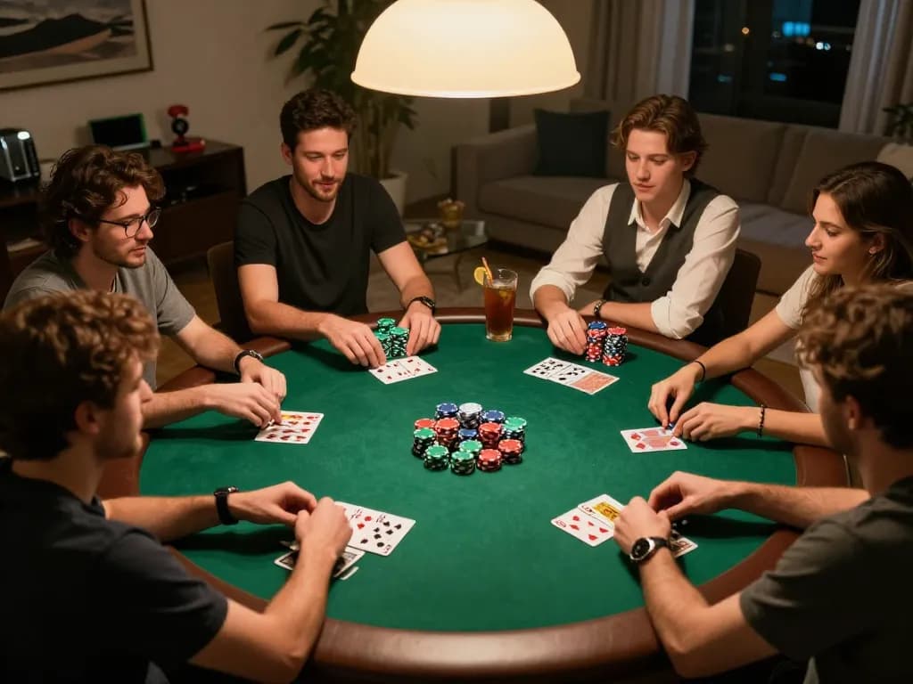 Friends enjoying a poker night at home using vegasslot77 game strategies with colorful chips and cards