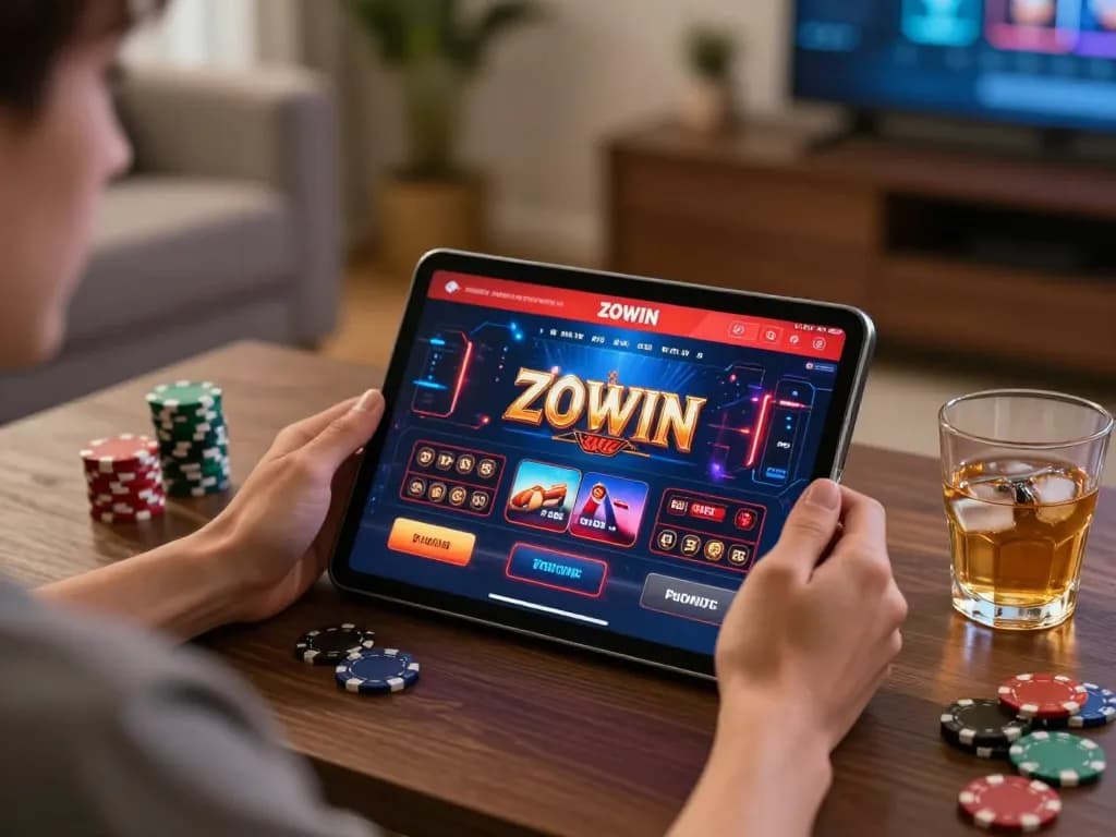 ZOWIN player engaged in online gaming using a tablet in a cozy modern home.