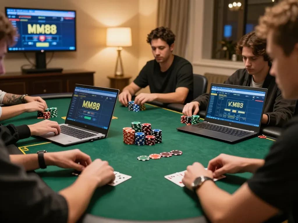 Players strategizing in an online poker game on MM88, showcasing a detailed gaming setup.