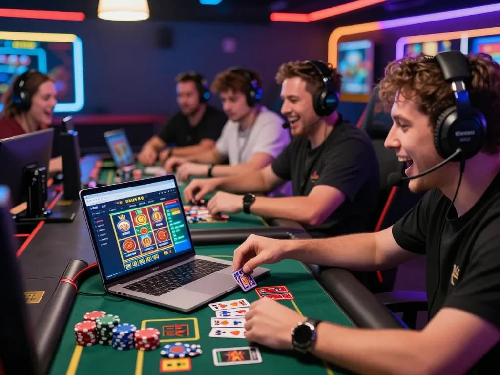Players enjoying an immersive RR88 online gaming experience with vibrant atmosphere and casino elements.