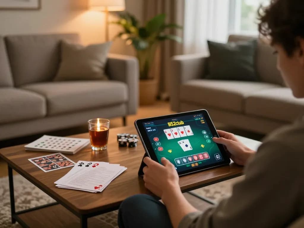 B52club online gaming experience on tablet, showcasing poker game interface in cozy home setting.