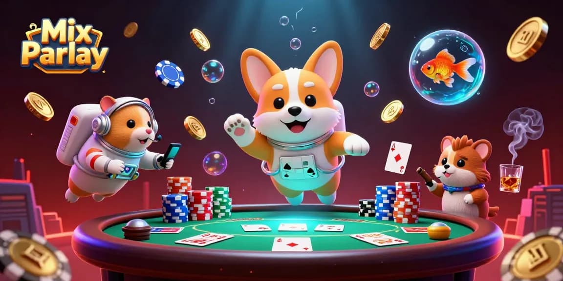 Engage in Mix Parlay betting as a 3D cartoon astronaut corgi navigates a vibrant casino scene.