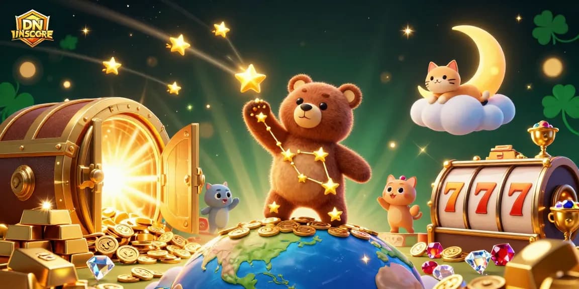 Experience thrilling gameplay at IDNSCORE with our vibrant slot and treasure-themed 3D illustration.