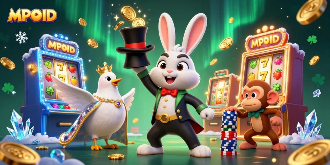 MPOID showcases a vibrant 3D scene of a magician rabbit, dove, and monkey amidst slot machines, enriching the gaming experience.
