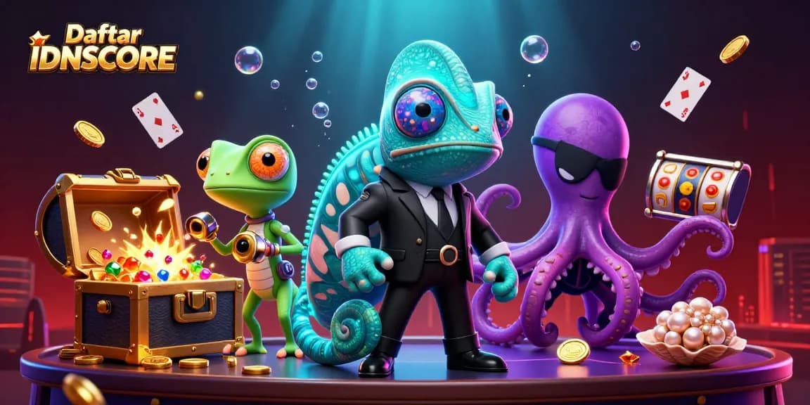 Experience thrilling gaming adventures with Daftar IDNSCORE, showcasing vibrant casino elements and characters in action.