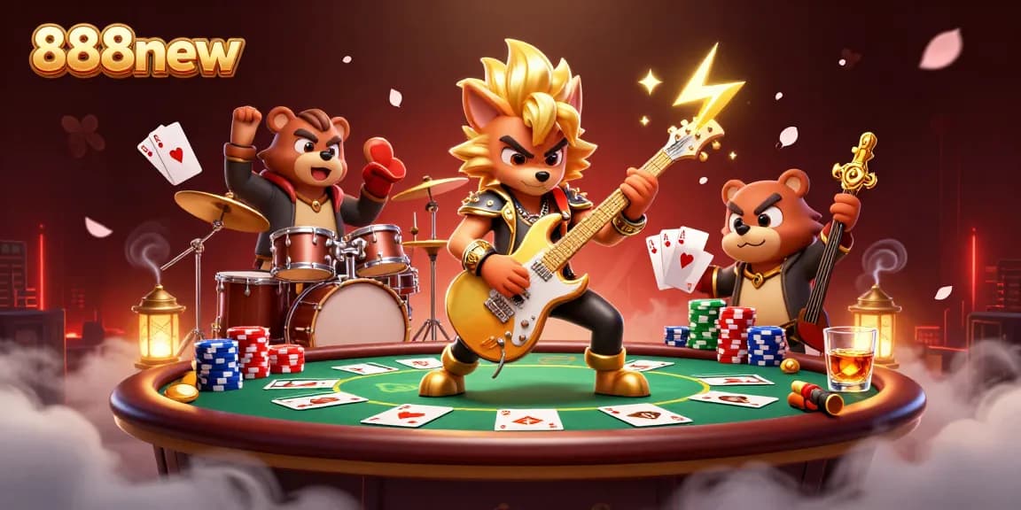 Experience thrilling gameplay at 888new with a rock star wolf and dynamic poker action on stage.