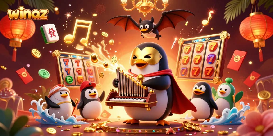 winaz penguin playing pipes rains golden coins in a vibrant casino scene, highlighting jackpots