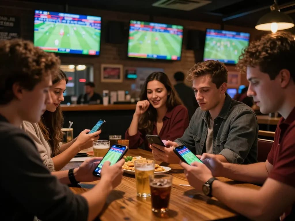 Friends enthusiastically placing bets on O8 during live sports events in a vibrant sports bar environment.