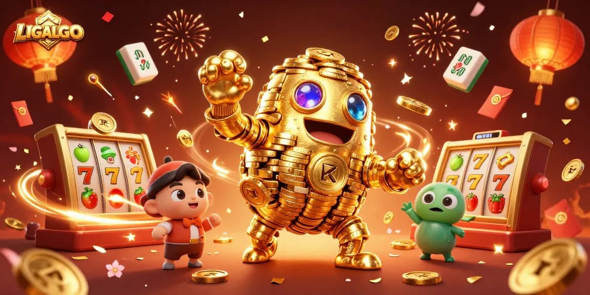 Engage with LIGALGO's vibrant slot game world featuring a golden golem amidst festive symbols.