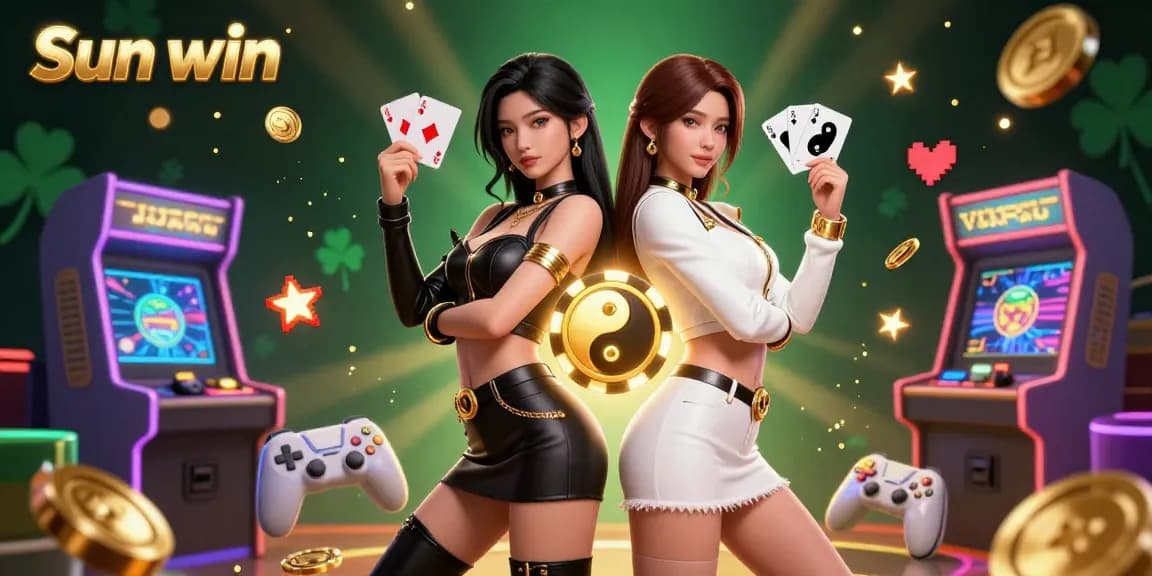 The vibrant 3D illustration brings together twin Asian women representing Sun win, holding playing cards, surrounded by casino elements.